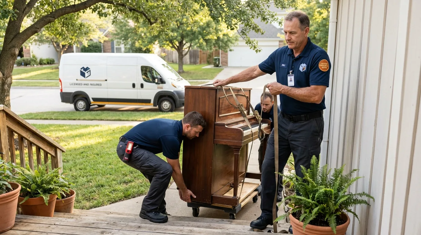 Licensed piano movers securing grand piano in Wyandotte, MI