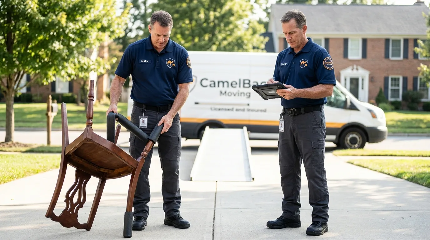 Movers inspecting furniture for damage prevention before loading in Wyandotte, MI