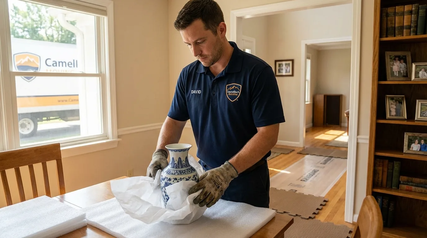 Professional crew carefully wrapping antique vase for senior downsizing move in Wyandotte, MI